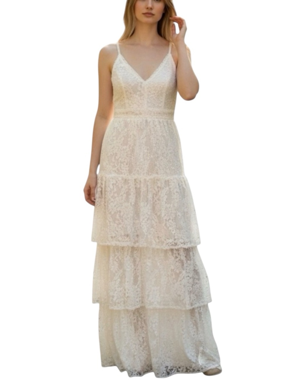 Lulus Ivory Tiered Lace Maxi Dress - Small - Beach Wedding, Romantic, Feminine